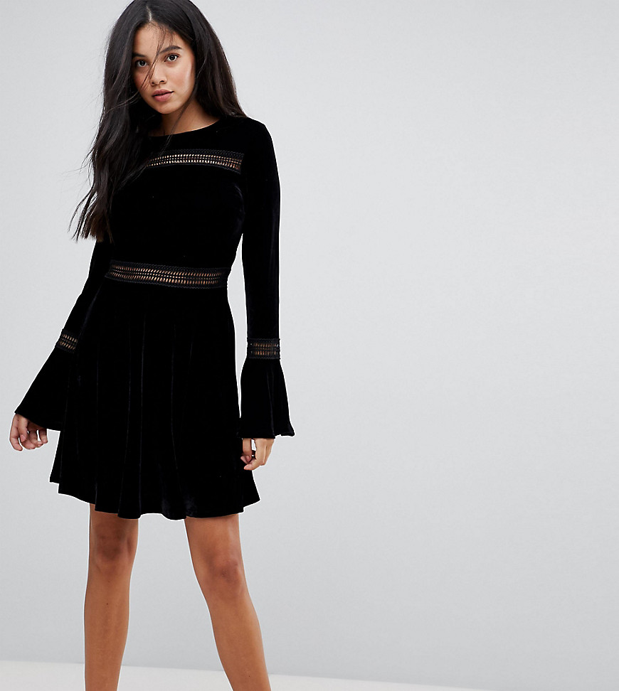 Kiss The Sky Tall Velvet Mini Skater Dress With Lace Panels - Black
