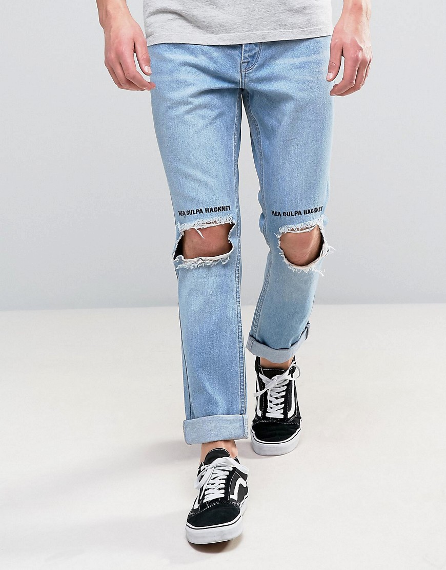 Kubban Slim Rolled Hem Jeans with Blown Out Knees - Blue