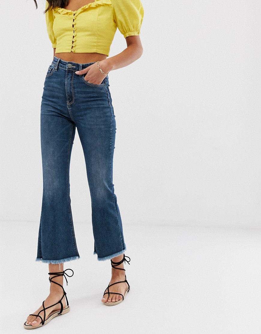 Stradivarius mid authentic cropped kickflare jeans in blue