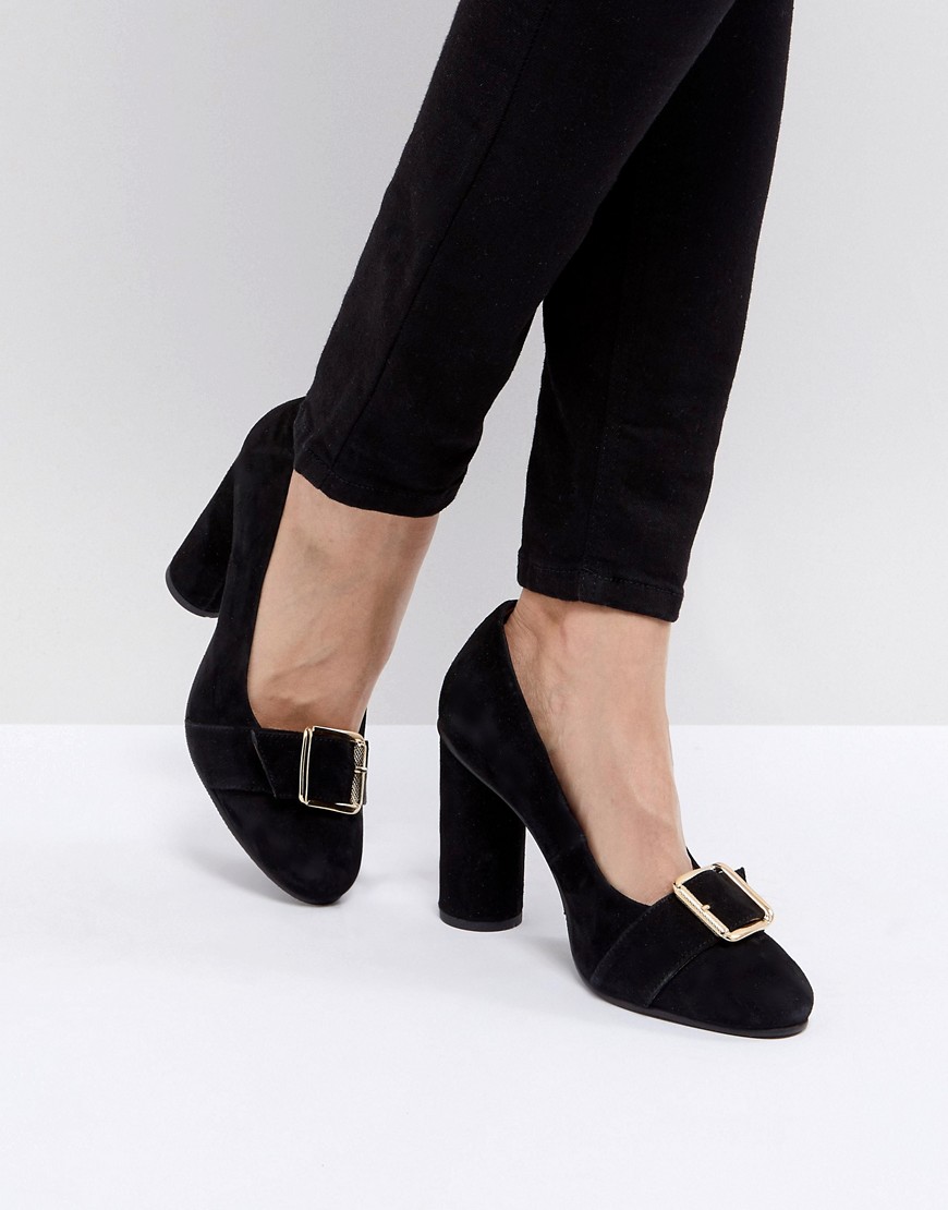 Selected Femme Suede Round Toe Court Shoe With Buckle - Black