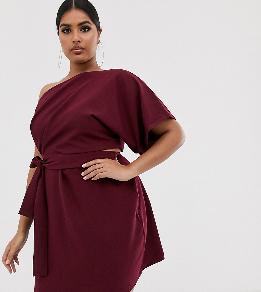 Vesper Plus one shoulder mini dress with cut out and tie detail in rasberry