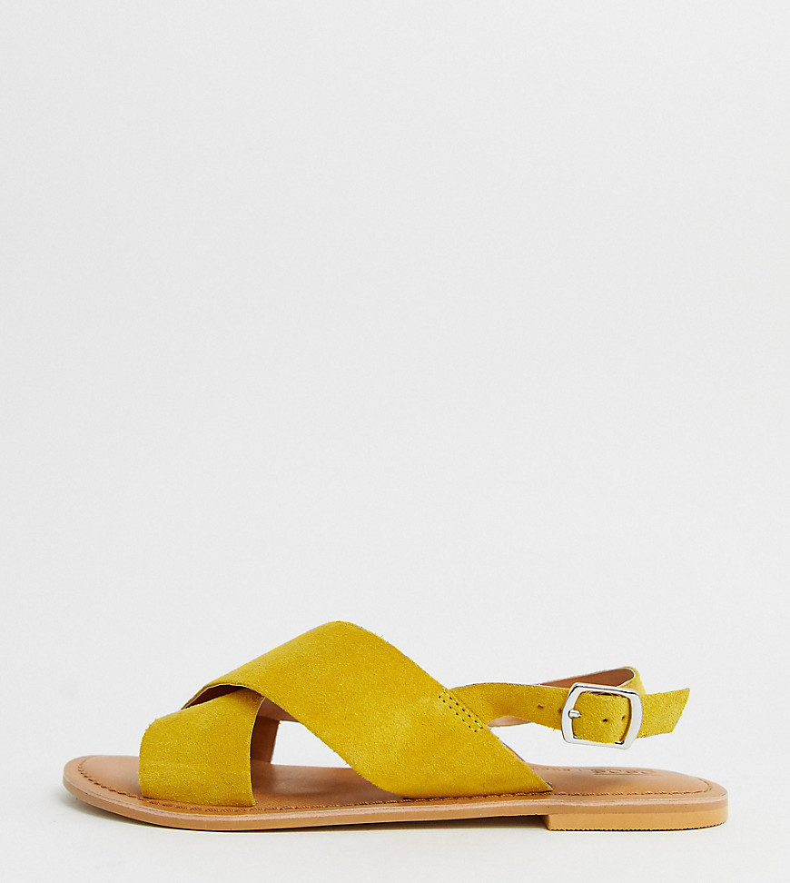 ASOS DESIGN Wide Fit Valid cross strap leather flat sandals in yellow