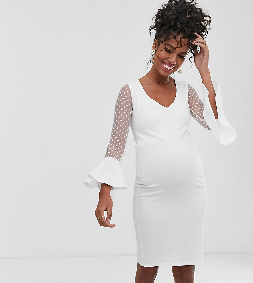 Queen Bee Maternity midi bodycon with sheer fluted sleeves in white