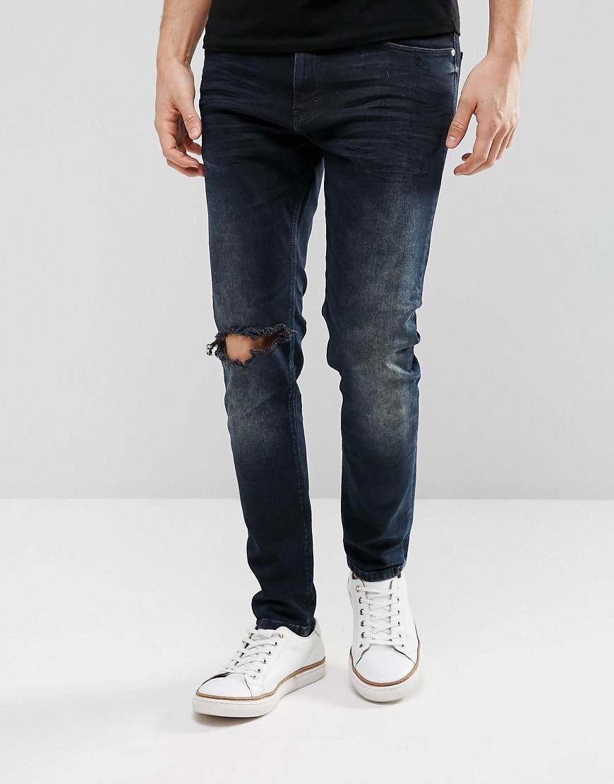 Just Junkies Tapered Jeans In Dark Wash With Abrasions