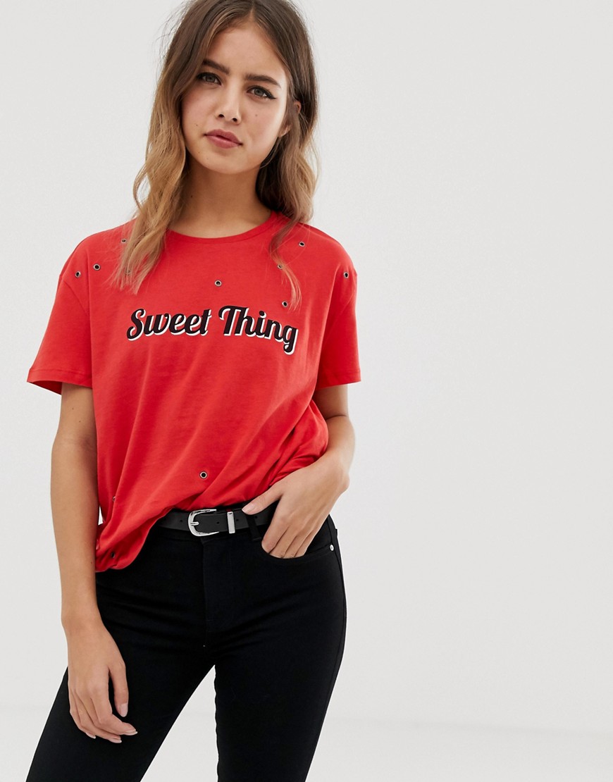 Noisy May Command sweet thing slogan t-shirt with eyelet detailing