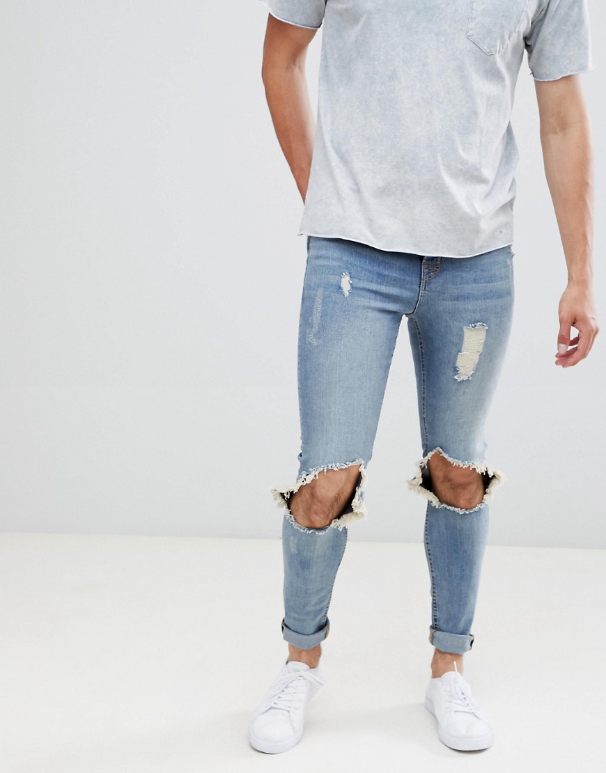 Hoxton Denim Muscle Fit Jeans with Busted Knees in Mid Wash