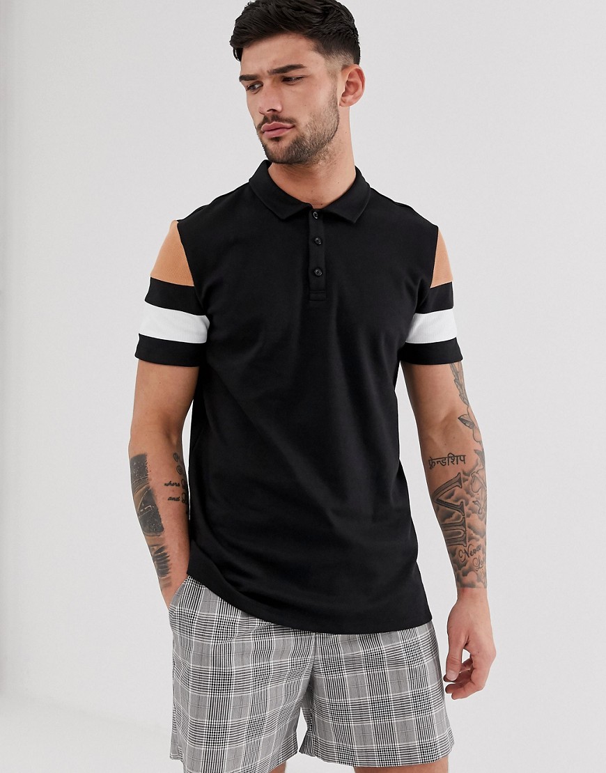 River Island polo with spliced sleeves in black