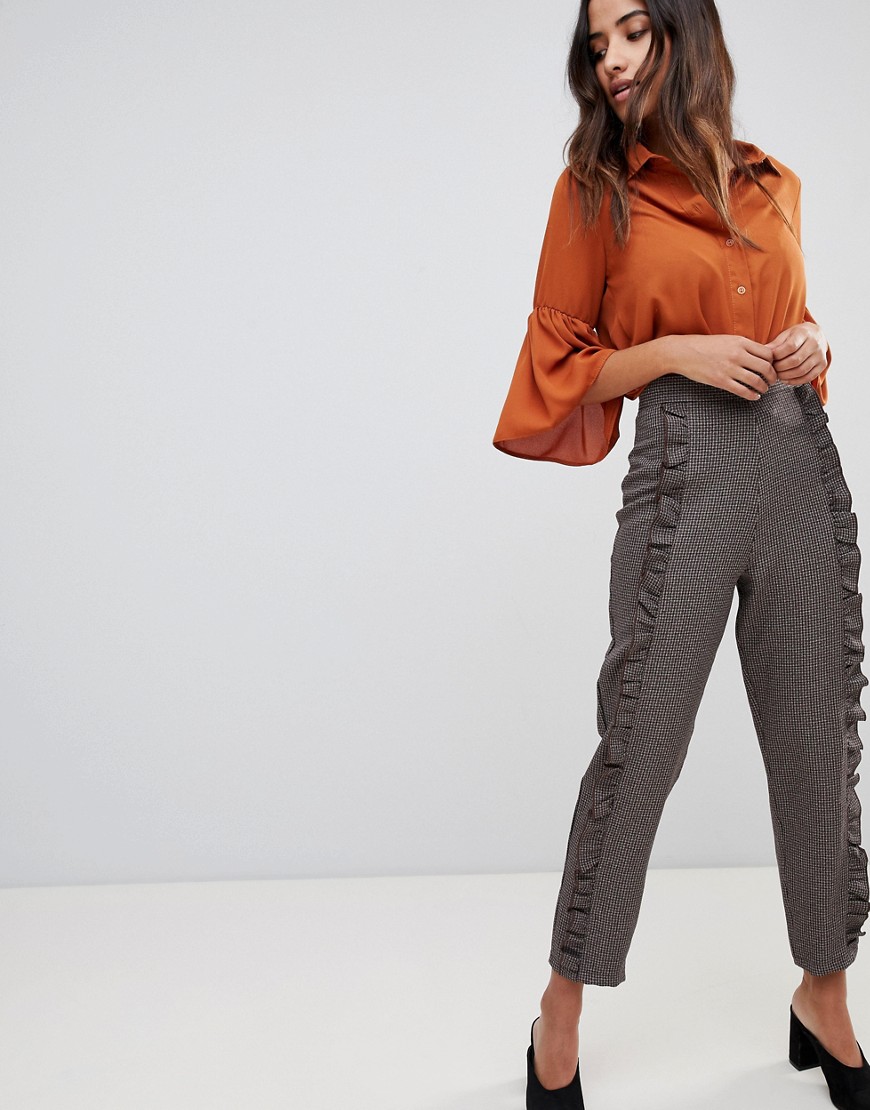 Love Check Frill Detail Trouser - Brown check