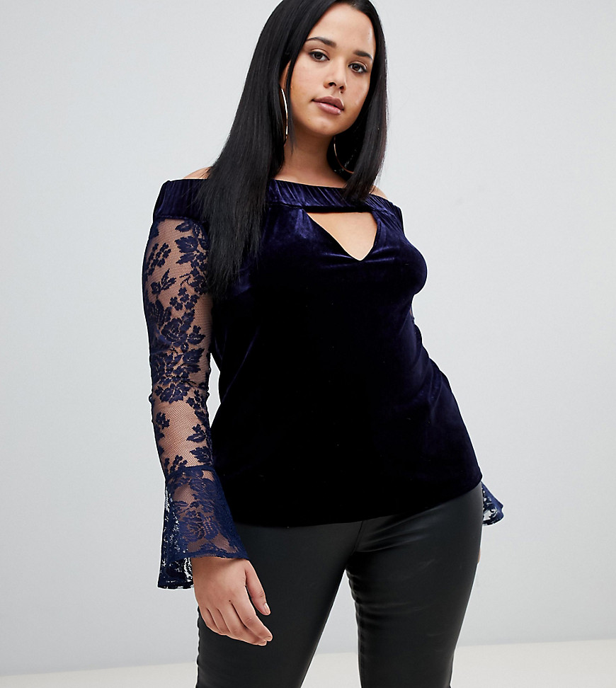 Missguided Plus lace sleeve velvet bardot top in navy