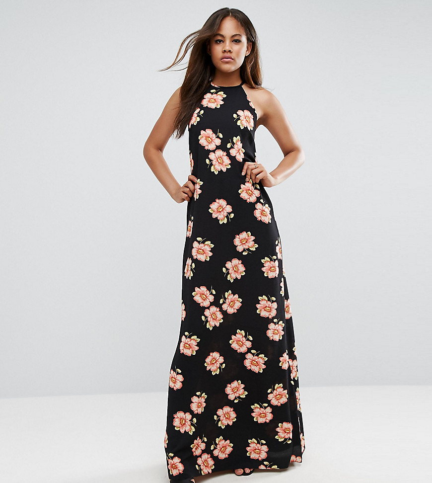 Oh My Love Tall Halterneck Maxi Slip Dress - Black floral