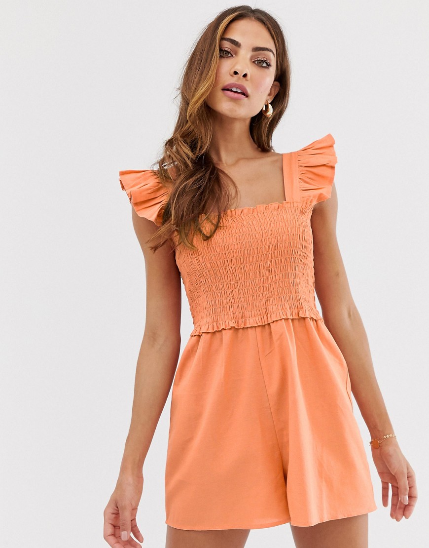 ASOS DESIGN shirred playsuit with frill sleeve