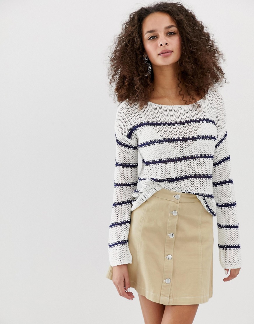 Brave Soul striped loose fit textured stitch jumper in white