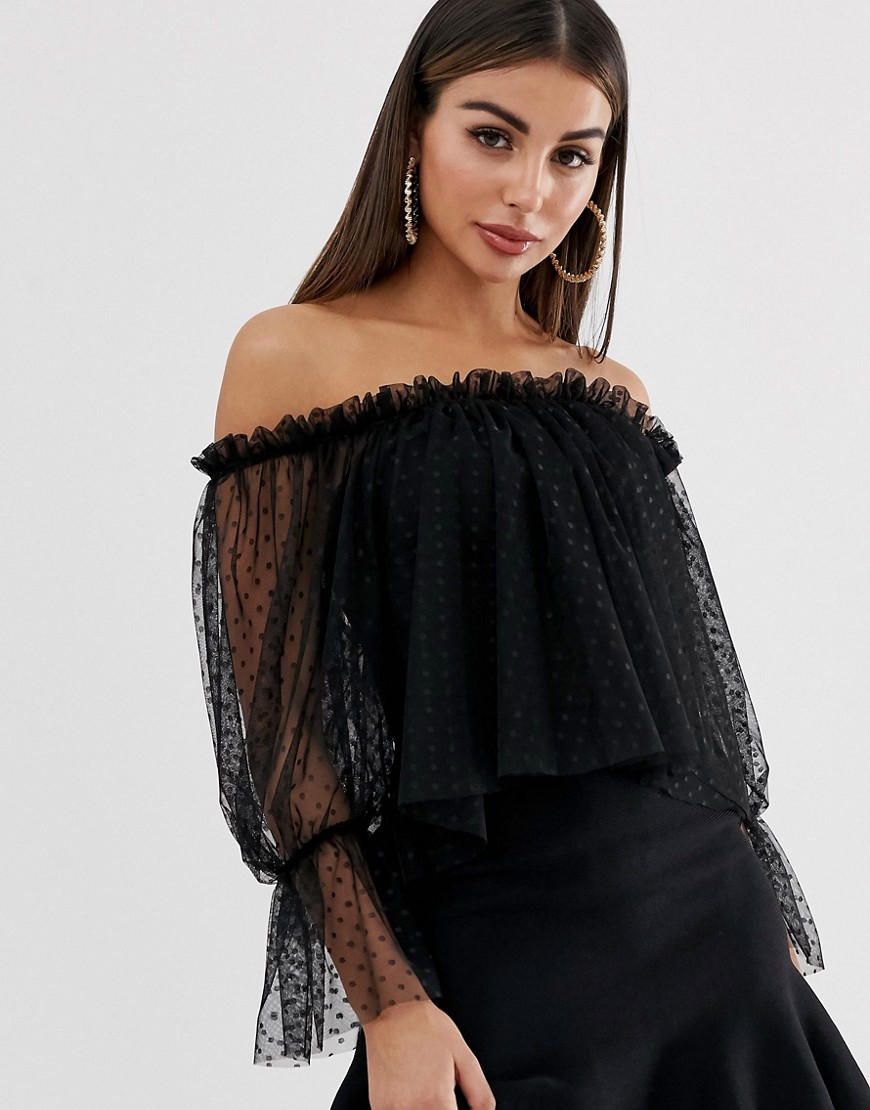 John Zack off shoulder dotty tulle mesh swing top with bell sleeve in black