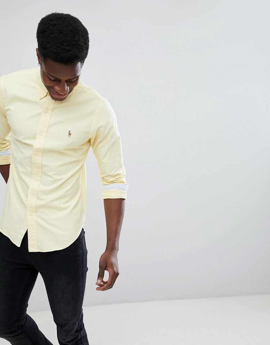 Polo Ralph Lauren Slim Fit Button Down Collar Oxford Shirt With Multi Polo Player Logo in Light Yellow - Lemon