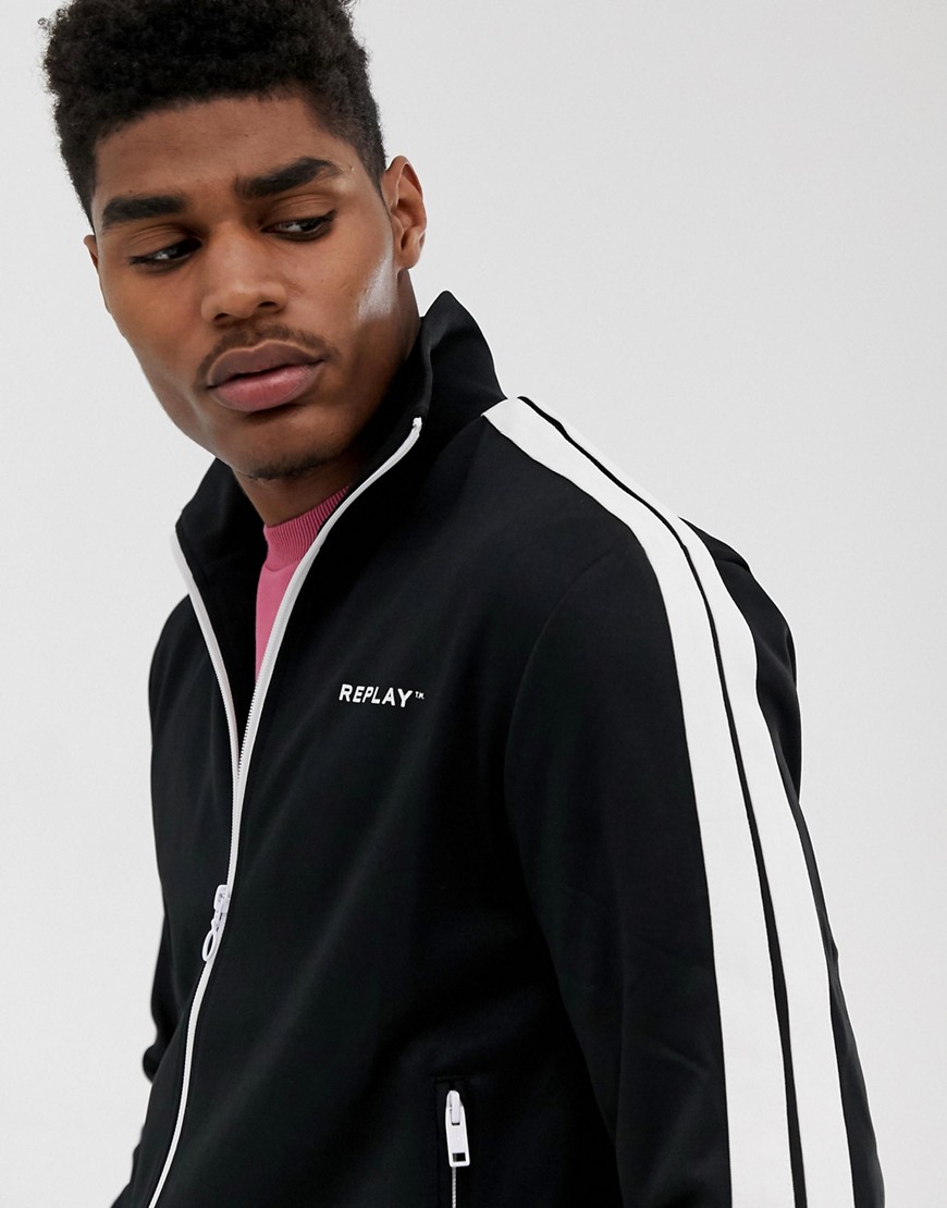 Replay zip through taped track top in black