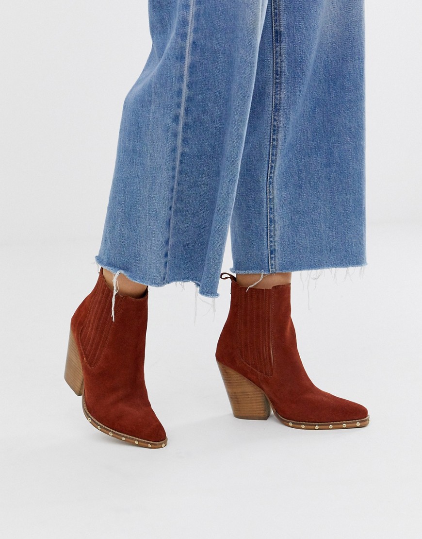 Asos Design Relative Suede Studded Heeled Western Boots In Rust-tan