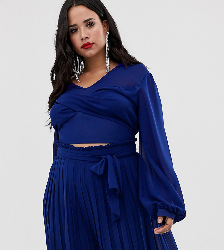 TFNC Plus knot front long sleeve wrap co-ord crop top in cobalt