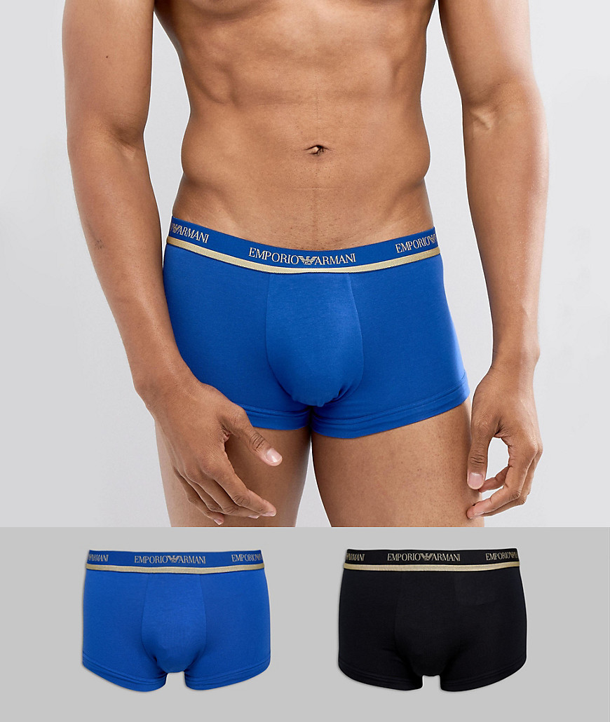 Emporio Armani 2 Pack Metallic Logo Trunks in Black and Blue