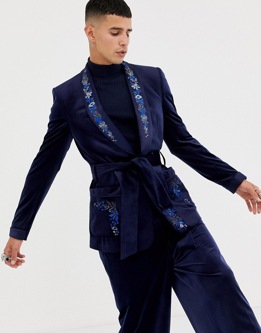 ASOS EDITION skinny blazer in navy velvet with embroidery