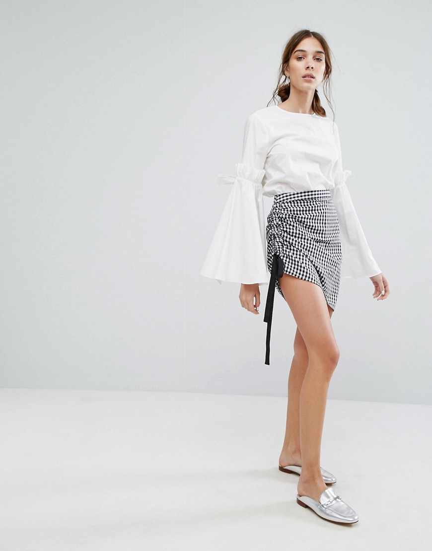 NEON ROSE SKIRT IN GINGHAM WITH RUCHED TIE SIDE - BLACK,NRSK71