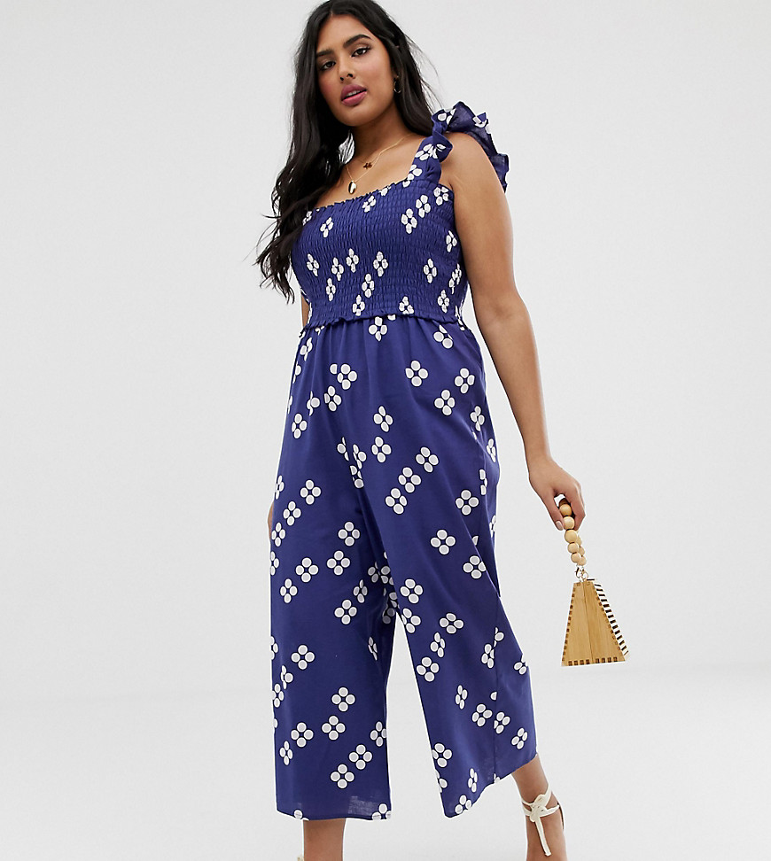 ASOS DESIGN Curve shirred frill sleeve jumpsuit in spot print