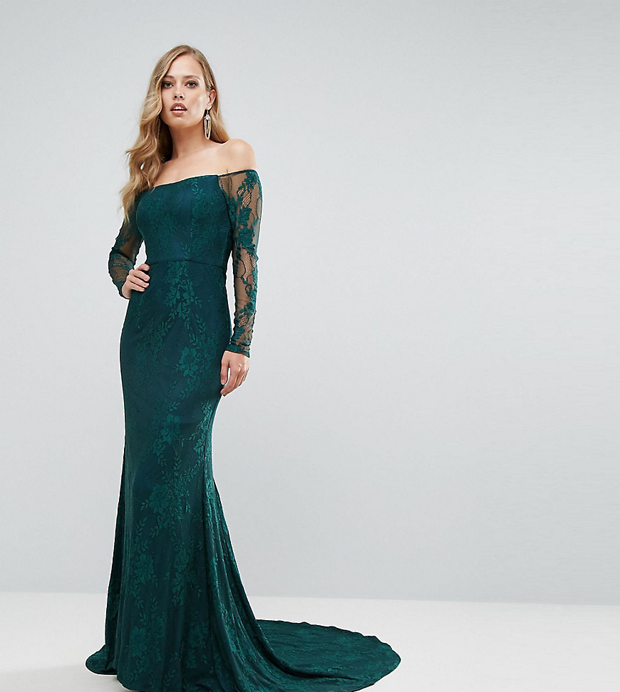 Bariano Off Shoulder Lace Gown With Train - Emerald