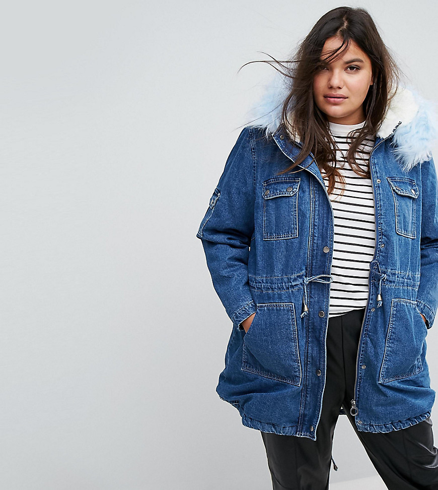 Simply Be Denim Parka With Faux Fur Collar And Inner - Blue
