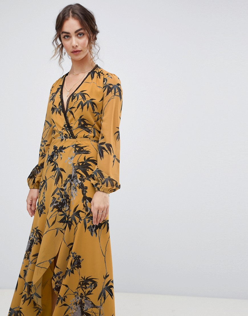 Hope & Ivy long sleeve wrap front maxi dress in bird print