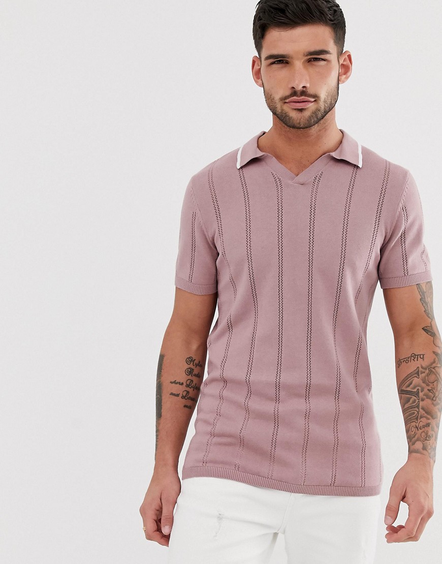 New Look muscle fit knitted polo in pink