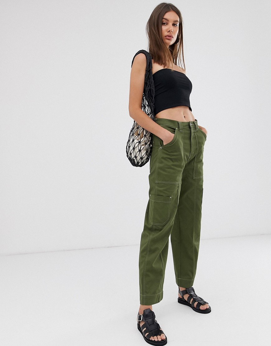 Weekday contrast stitch cargo trousers in khaki green