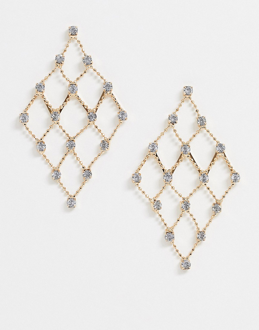 Asos Design Earrings In Open Diamond Ball Chain With Crystal In Gold Tone