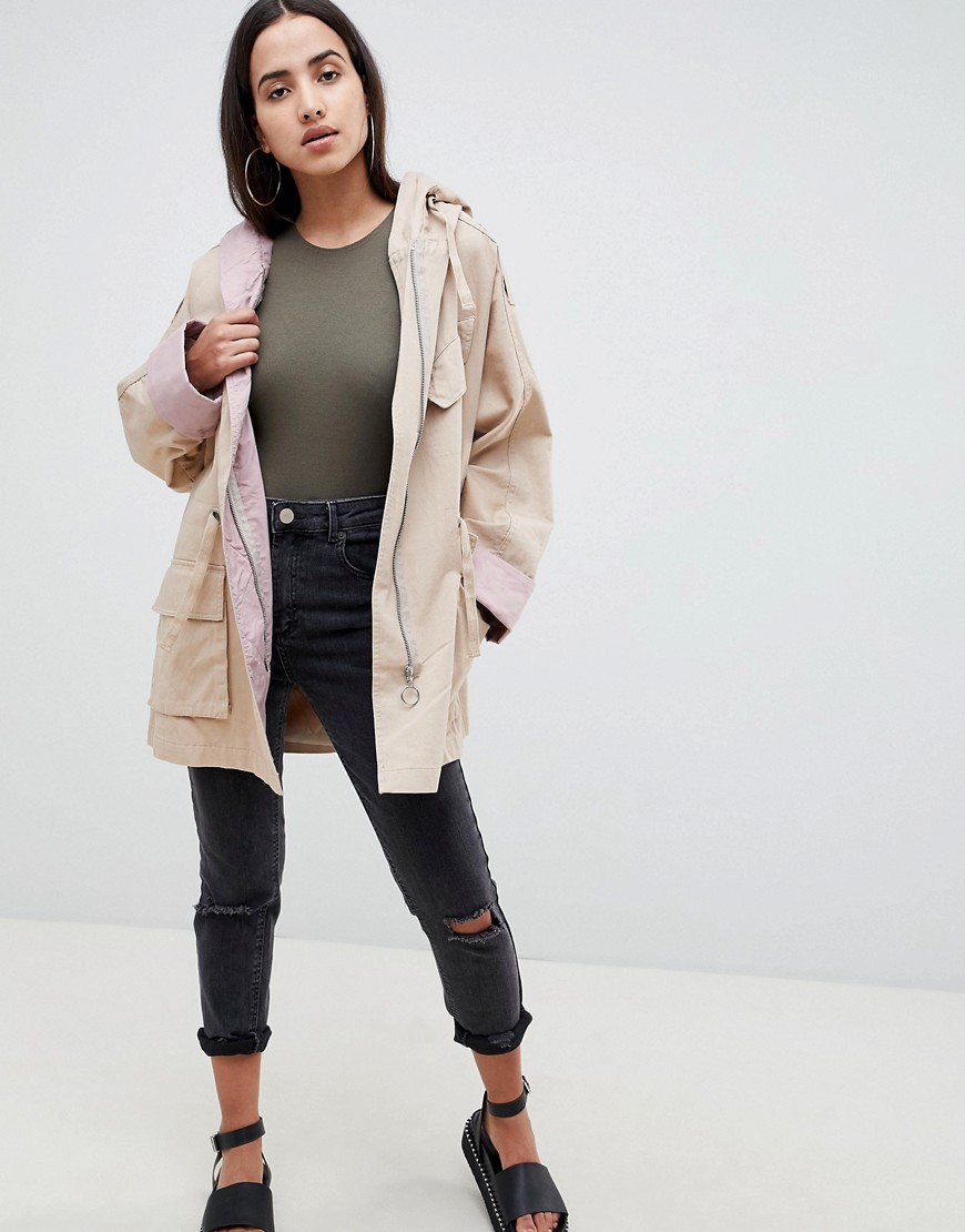 ASOS DESIGN waterfall parka with contrast liner