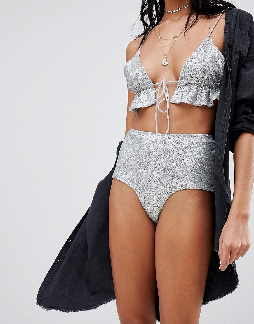 MOTEL HIGH WAIST HOT PANTS IN SEQUIN TWO-PIECE - SILVER,LESTA HOT PANT