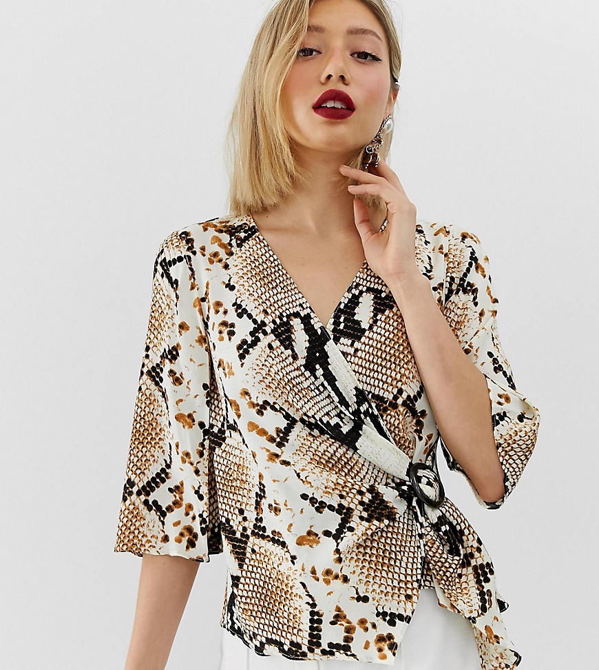 River Island Petite wrap blouse with buckle detail in snake print