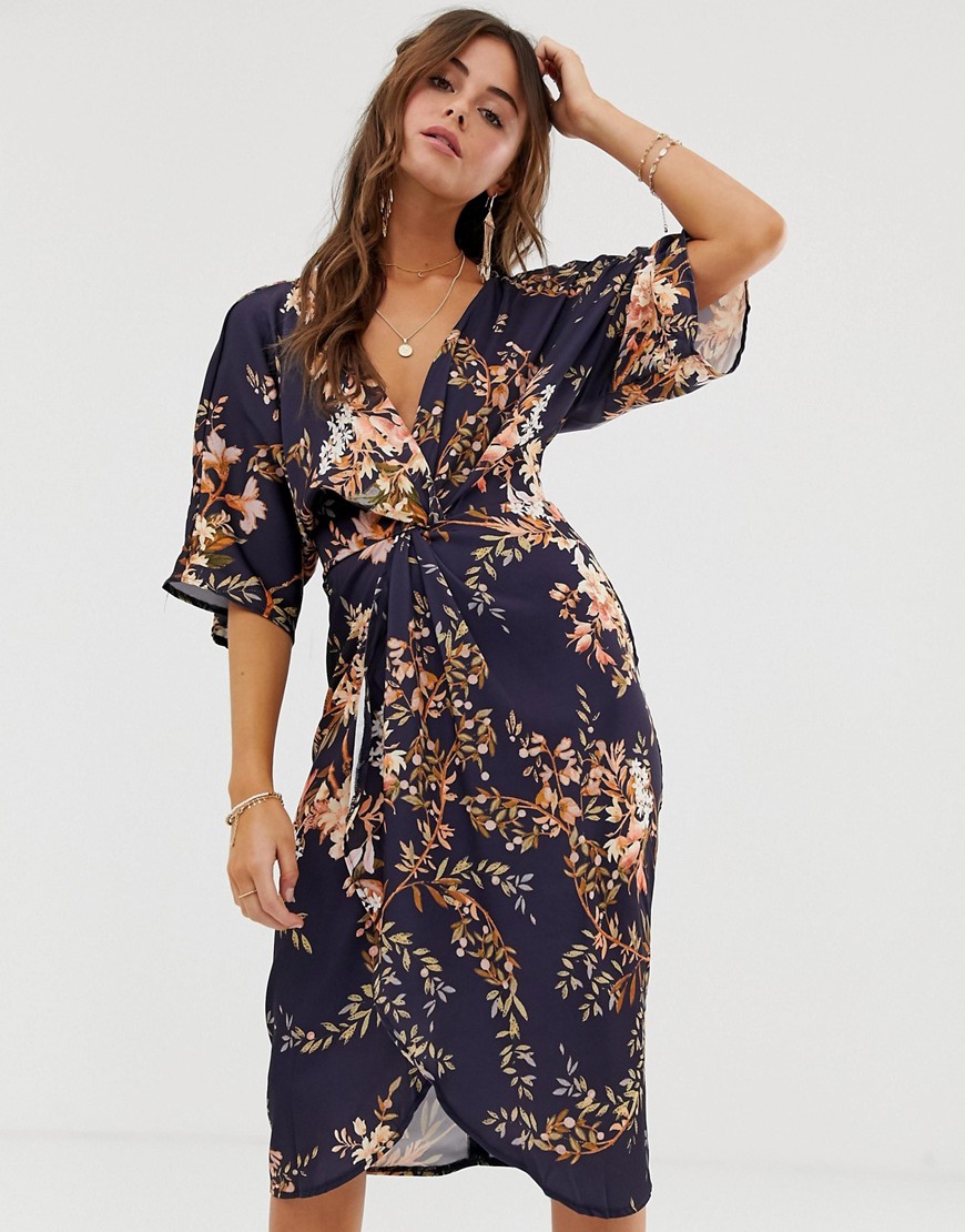 Hope & Ivy Kimono Sleeve Midi Dress With Knot Front Detail In Floral Print