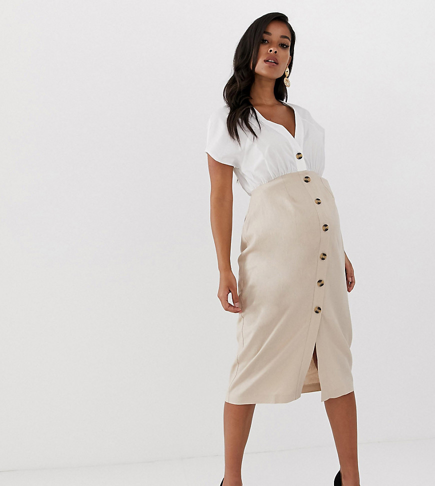 ASOS DESIGN Maternity cotton and linen mix midi dress with buttons