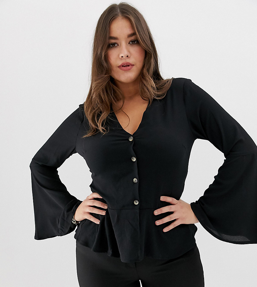 Missguided Plus button through wide sleeve peplum blouse in black