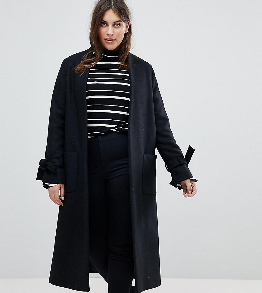 Helene Berman Plus Tie Sleeve Wool Blend Duster Coat - Black