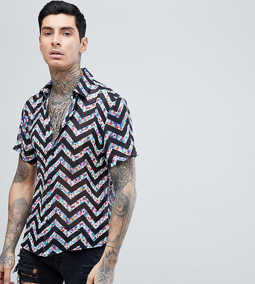 Reclaimed Vintage Inspired Shirt With Short Sleeves In Black With Floral Zig Zag Reg Fit