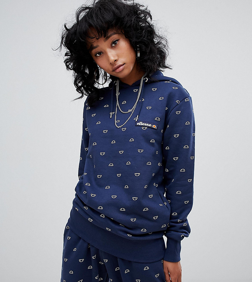 Ellesse Relaxed Hoodie With All Over Graphic Logo Print Co-Ord - Navy