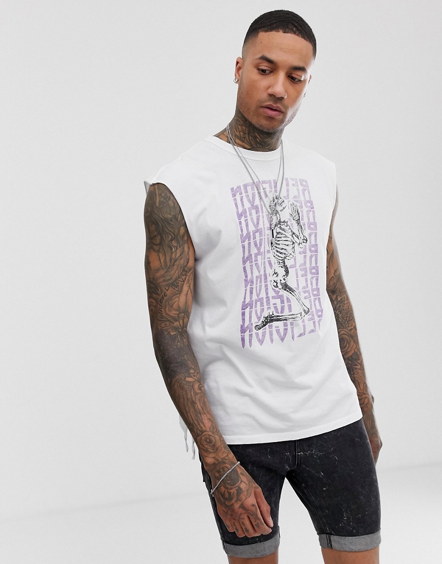 Religion vest with purple skeleton text print in white
