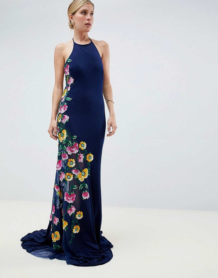 Jovani Maxi Dress With Embroided Side Detail - Blue