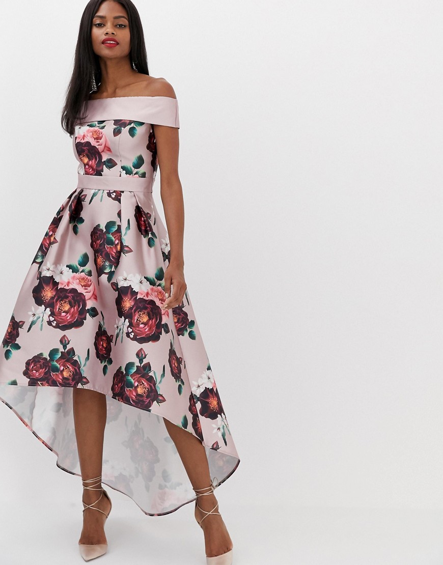 Chi Chi London extreme bandeau midi dress in dusky pink floral
