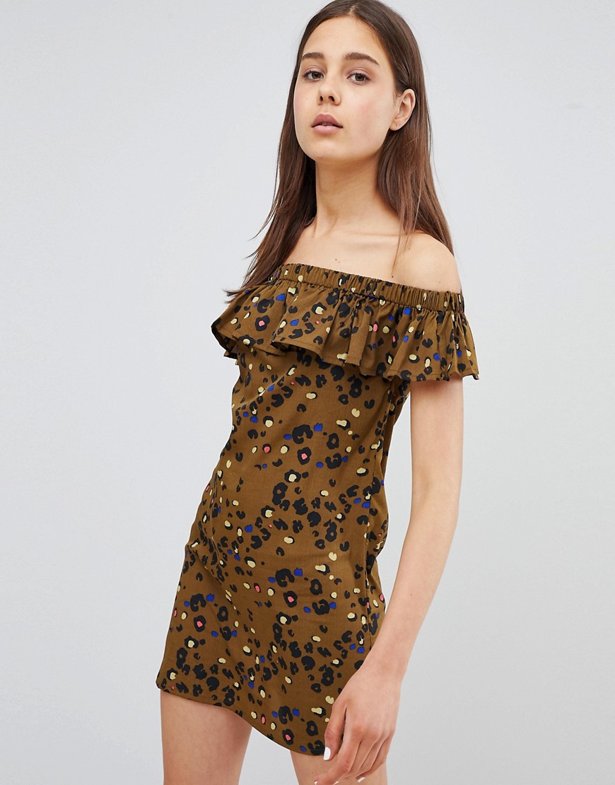 Daisy Street Off Shoulder Frill Dress in Leopard Print
