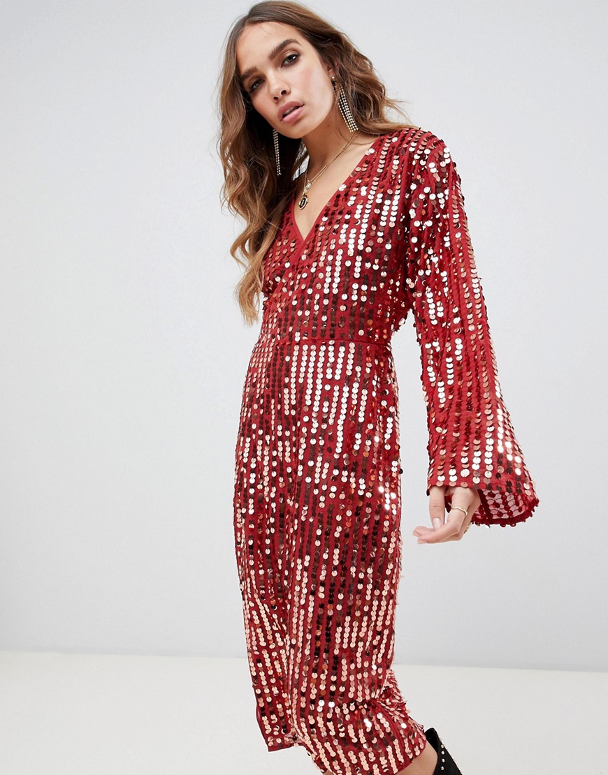 Lost Ink midi column wrap dress in all over sequin embellishment