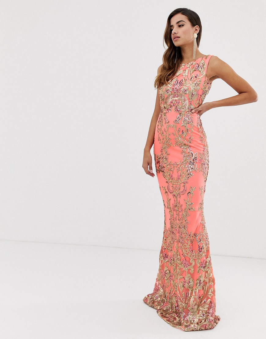 Goddiva high neck maxi embellished sequin dress in coral with gold sequin