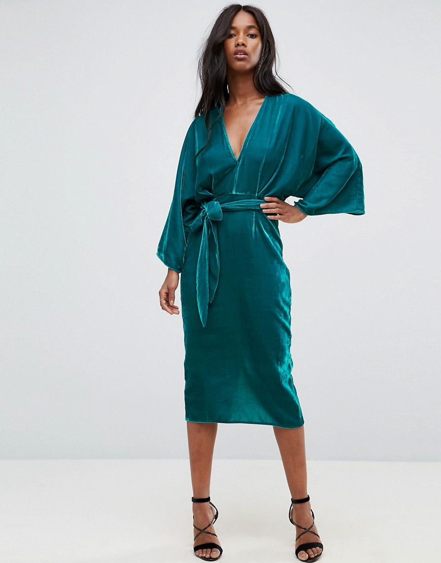 Asos Design Asos Velvet Plunge Kimono Midi Dress With Tie Waist - Green