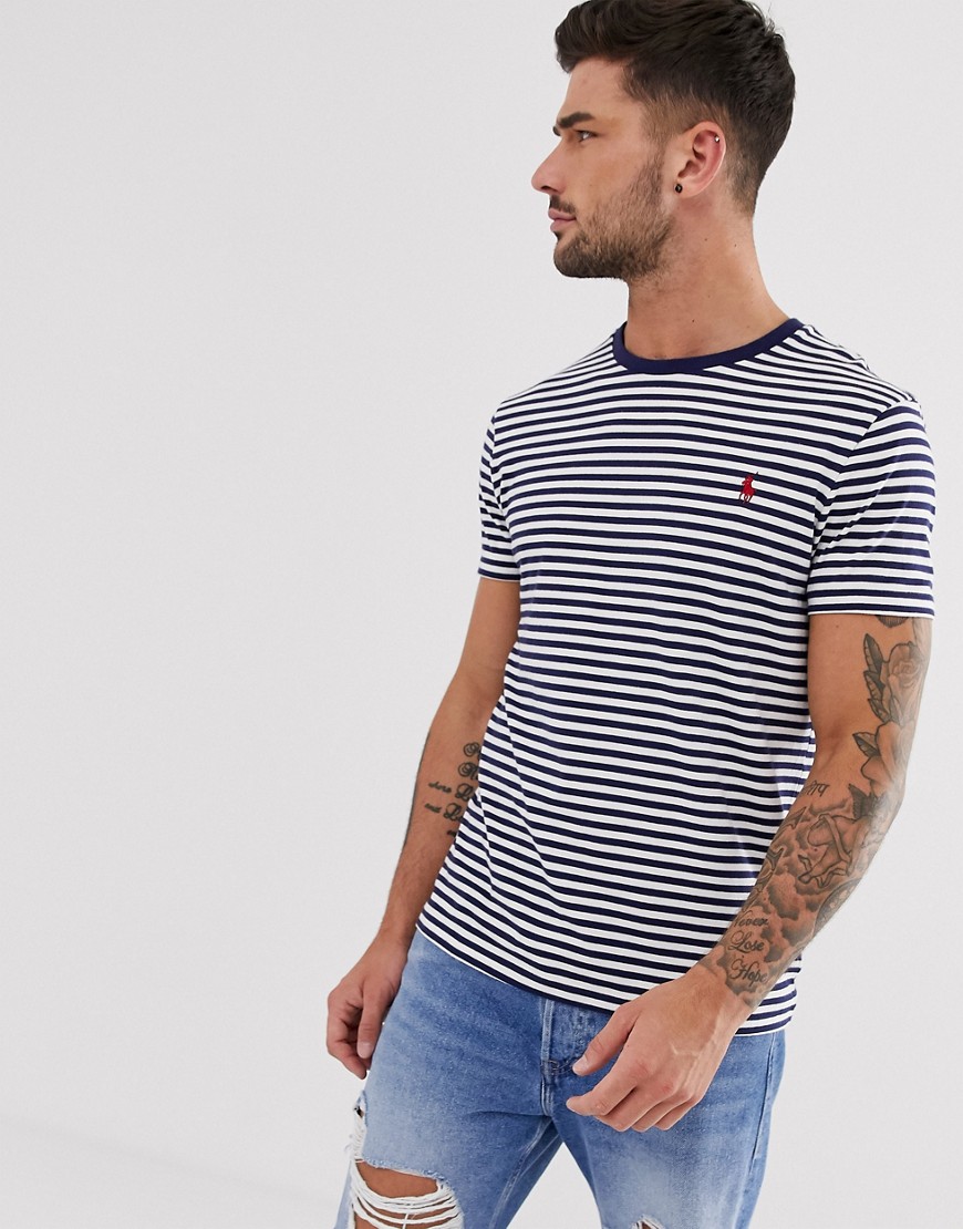 Polo Ralph Lauren icon logo stripe t-shirt custom regular fit in white/navy