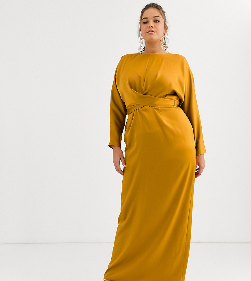 Asos Design Curve Maxi Dress With Batwing Sleeve And Wrap Waist In Satin - Yellow