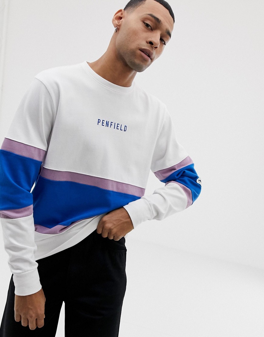 Penfield contrast panel crew neck sweatshirt with chest logo embroidery in white